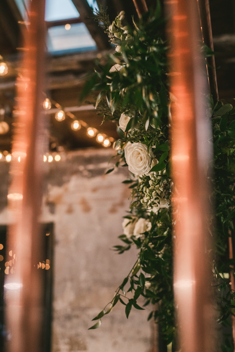 Stunning wedding florals by Violet Floral Designs at Mt Washington Mill Dye House in Baltimore, Maryland. Captured by Britney Clause Photography