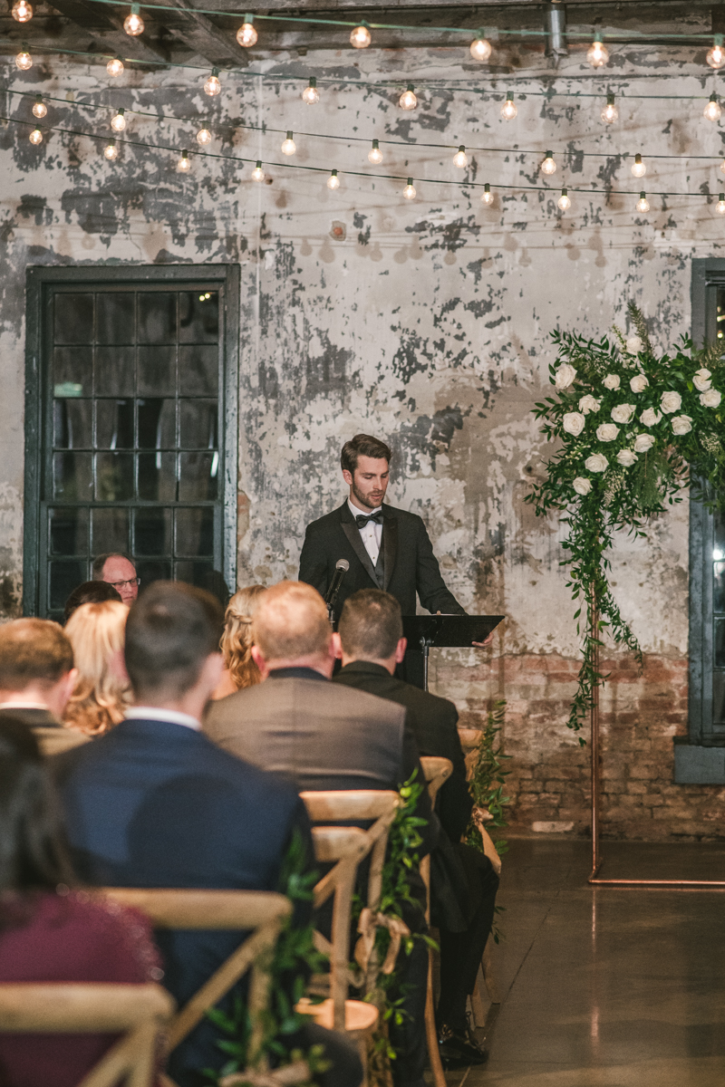 A gorgeous wedding ceremony at Mt Washington Mill Dye House in Baltimore, Maryland. Captured by Britney Clause Photography