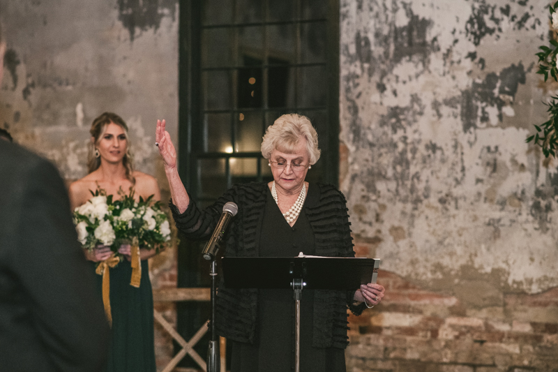 A gorgeous wedding ceremony at Mt Washington Mill Dye House in Baltimore, Maryland. Captured by Britney Clause Photography