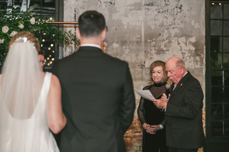 A gorgeous wedding ceremony at Mt Washington Mill Dye House in Baltimore, Maryland. Captured by Britney Clause Photography