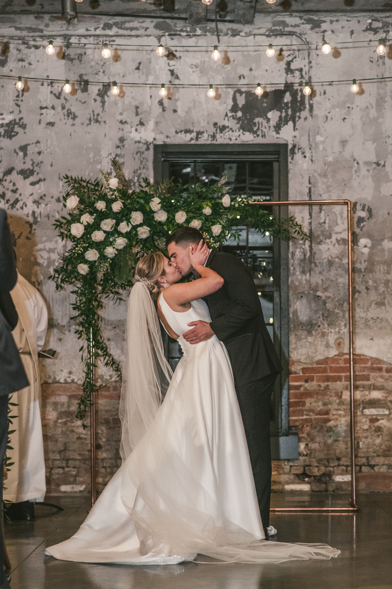 A gorgeous wedding ceremony at Mt Washington Mill Dye House in Baltimore, Maryland. Captured by Britney Clause Photography