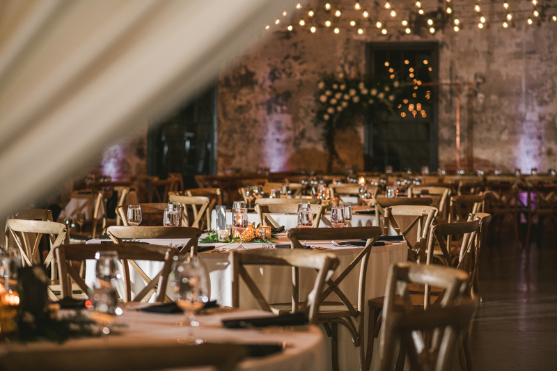 A stylish wedding reception at Mt Washington Mill Dye House in Baltimore, Maryland. Captured by Britney Clause Photography