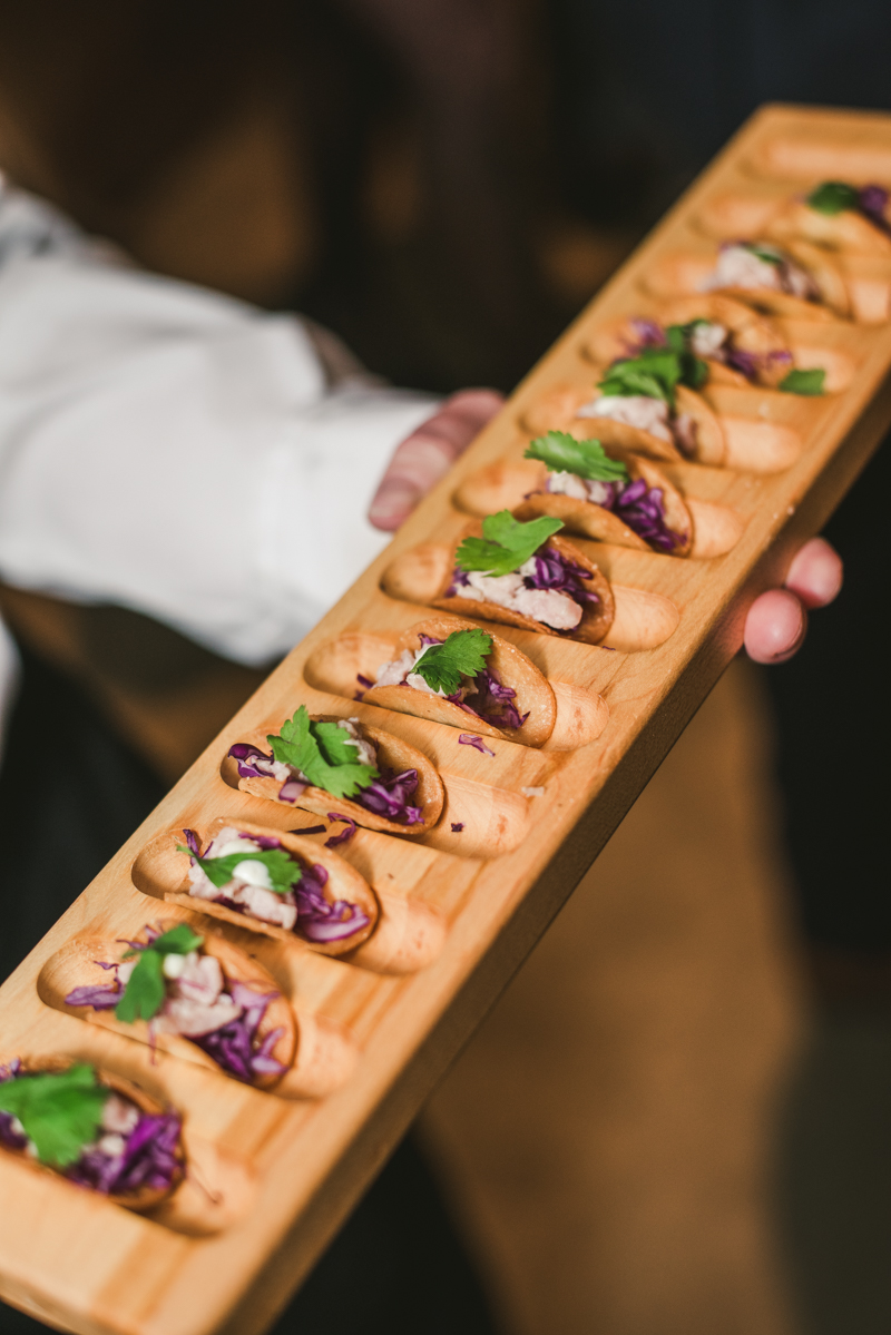 Delicious wedding bites from caterer Copper Kitchen at Mt Washington Mill Dye House in Baltimore, Maryland. Captured by Britney Clause Photography