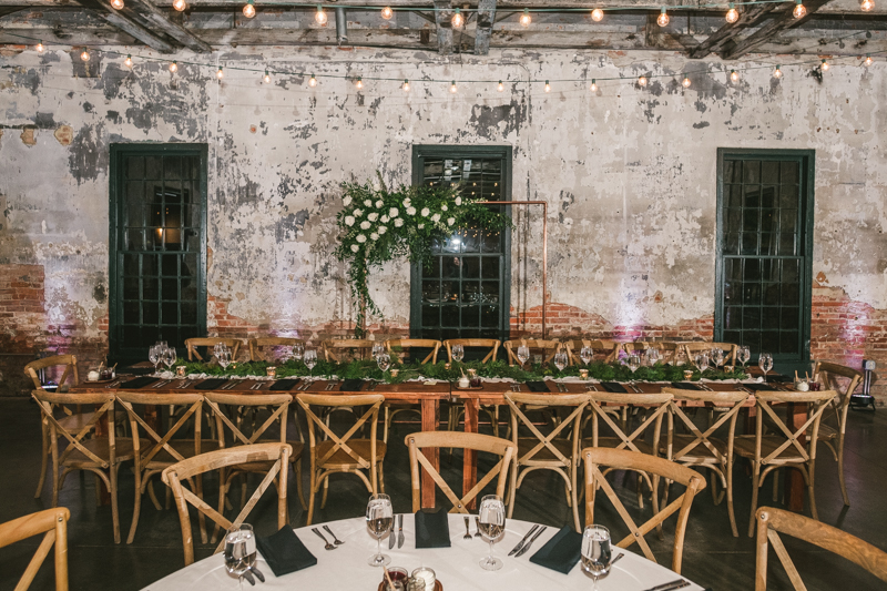 A stylish wedding reception at Mt Washington Mill Dye House in Baltimore, Maryland. Captured by Britney Clause Photography