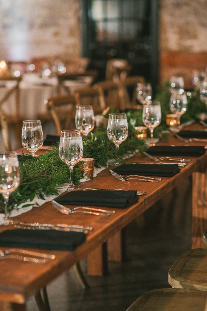 A stylish wedding reception at Mt Washington Mill Dye House in Baltimore, Maryland. Captured by Britney Clause Photography