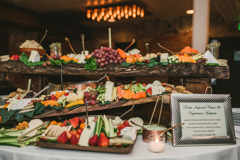 Delicious wedding bites from caterer Copper Kitchen at Mt Washington Mill Dye House in Baltimore, Maryland. Captured by Britney Clause Photography