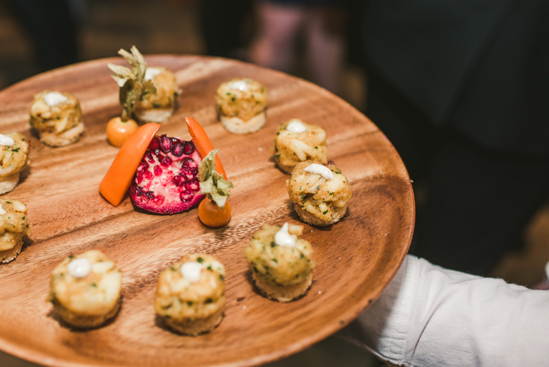 Delicious wedding bites from caterer Copper Kitchen at Mt Washington Mill Dye House in Baltimore, Maryland. Captured by Britney Clause Photography