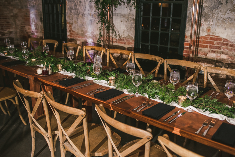 A stylish wedding reception at Mt Washington Mill Dye House in Baltimore, Maryland. Captured by Britney Clause Photography