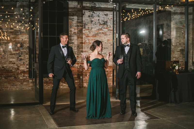 A stylish wedding reception at Mt Washington Mill Dye House in Baltimore, Maryland. Captured by Britney Clause Photography