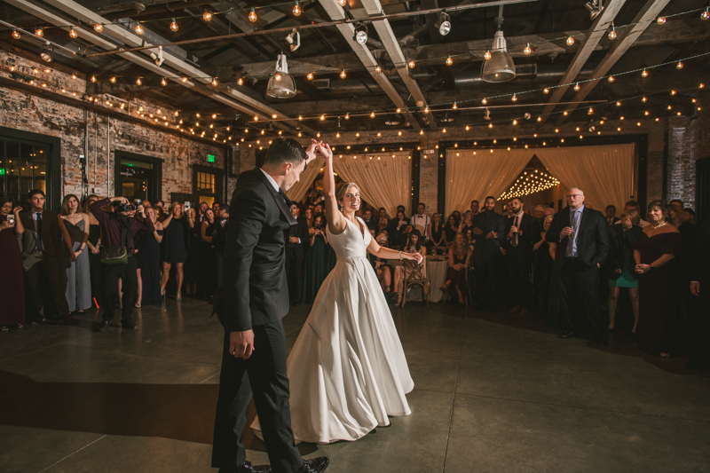 A unique wedding first dance at Mt Washington Mill Dye House in Baltimore, Maryland. Captured by Britney Clause Photography