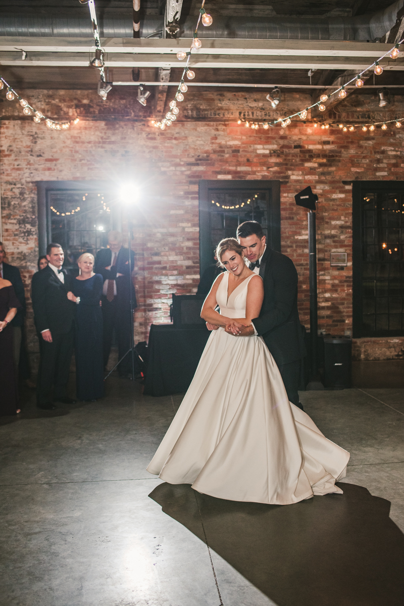 A unique wedding first dance at Mt Washington Mill Dye House in Baltimore, Maryland. Captured by Britney Clause Photography