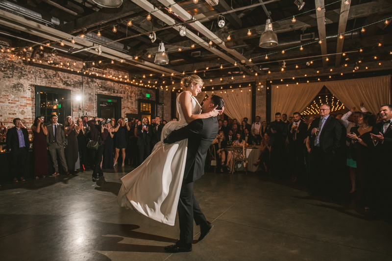 A unique wedding first dance at Mt Washington Mill Dye House in Baltimore, Maryland. Captured by Britney Clause Photography