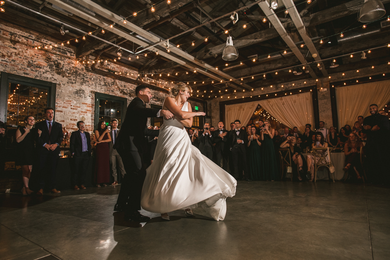 A unique wedding first dance at Mt Washington Mill Dye House in Baltimore, Maryland. Captured by Britney Clause Photography