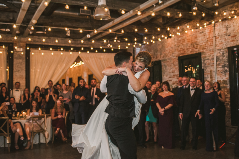 A unique wedding first dance at Mt Washington Mill Dye House in Baltimore, Maryland. Captured by Britney Clause Photography