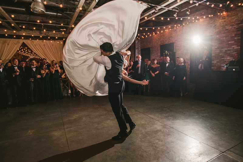 A unique wedding first dance at Mt Washington Mill Dye House in Baltimore, Maryland. Captured by Britney Clause Photography