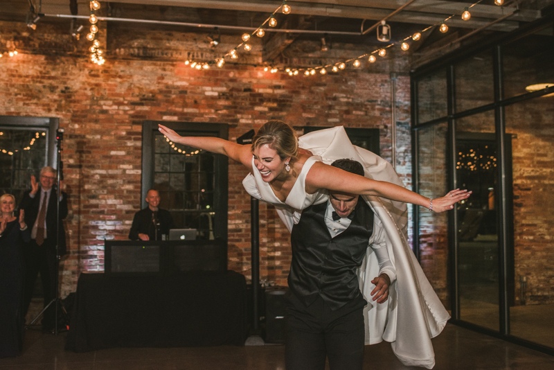 A unique wedding first dance at Mt Washington Mill Dye House in Baltimore, Maryland. Captured by Britney Clause Photography