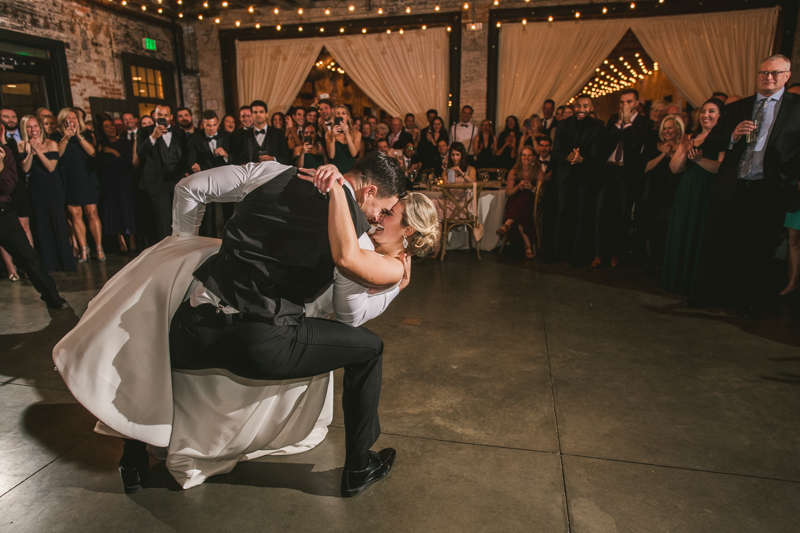 A unique wedding first dance at Mt Washington Mill Dye House in Baltimore, Maryland. Captured by Britney Clause Photography