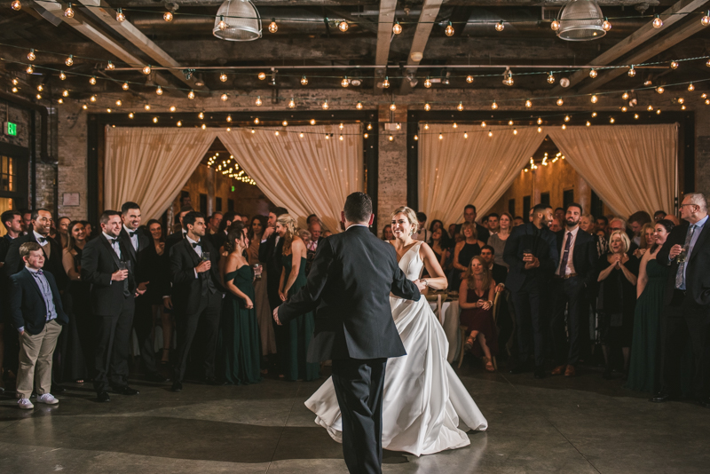 A stylish wedding reception at Mt Washington Mill Dye House in Baltimore, Maryland. Captured by Britney Clause Photography