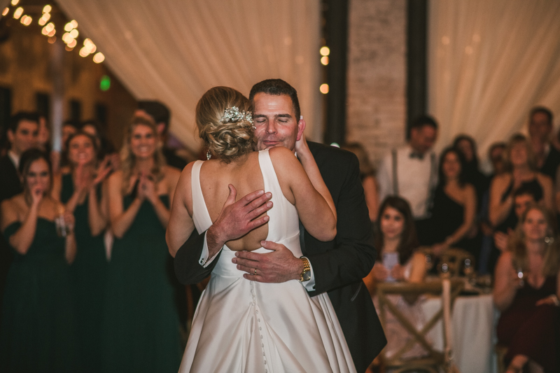 A stylish wedding reception at Mt Washington Mill Dye House in Baltimore, Maryland. Captured by Britney Clause Photography