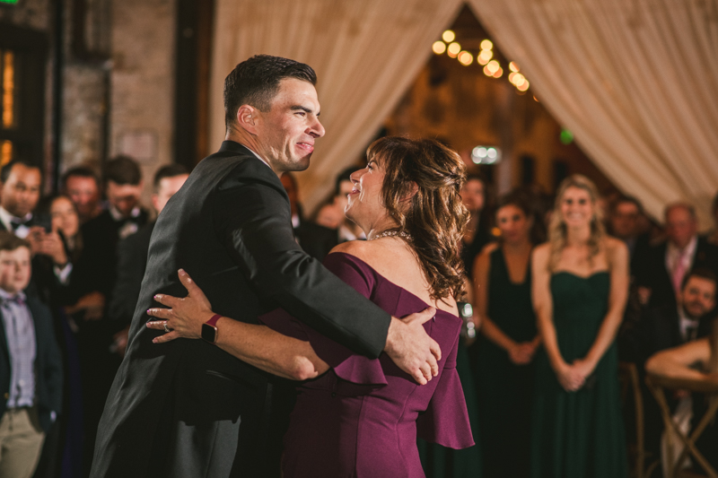 A stylish wedding reception at Mt Washington Mill Dye House in Baltimore, Maryland. Captured by Britney Clause Photography