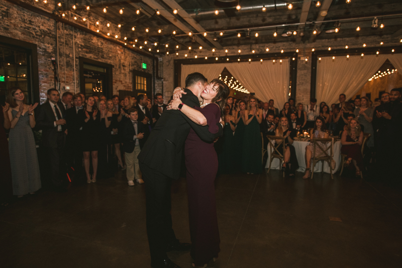 A stylish wedding reception at Mt Washington Mill Dye House in Baltimore, Maryland. Captured by Britney Clause Photography