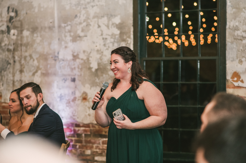 A stylish wedding reception at Mt Washington Mill Dye House in Baltimore, Maryland. Captured by Britney Clause Photography