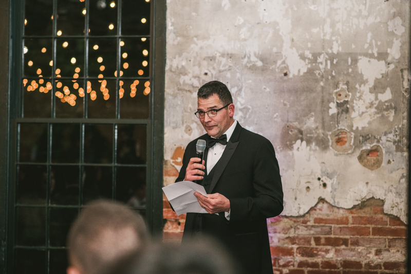 A stylish wedding reception at Mt Washington Mill Dye House in Baltimore, Maryland. Captured by Britney Clause Photography