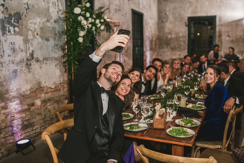 A stylish wedding reception at Mt Washington Mill Dye House in Baltimore, Maryland. Captured by Britney Clause Photography