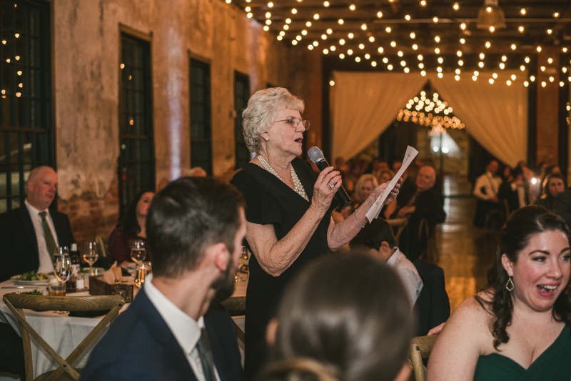 A stylish wedding reception at Mt Washington Mill Dye House in Baltimore, Maryland. Captured by Britney Clause Photography