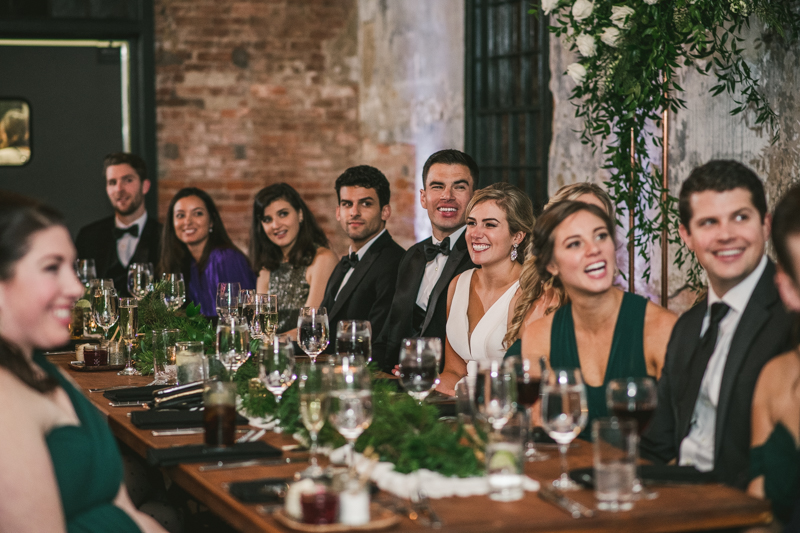 A stylish wedding reception at Mt Washington Mill Dye House in Baltimore, Maryland. Captured by Britney Clause Photography