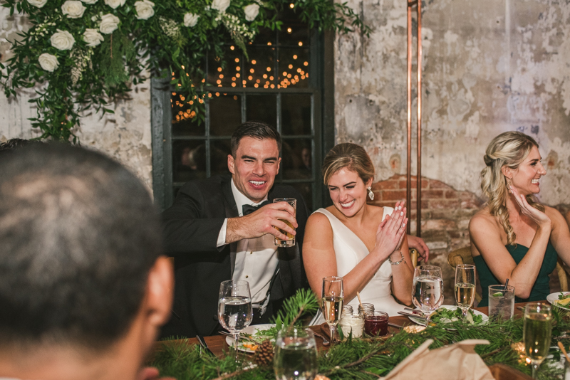 A stylish wedding reception at Mt Washington Mill Dye House in Baltimore, Maryland. Captured by Britney Clause Photography