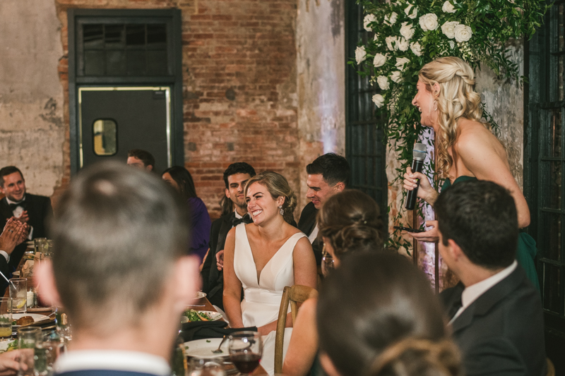 A stylish wedding reception at Mt Washington Mill Dye House in Baltimore, Maryland. Captured by Britney Clause Photography