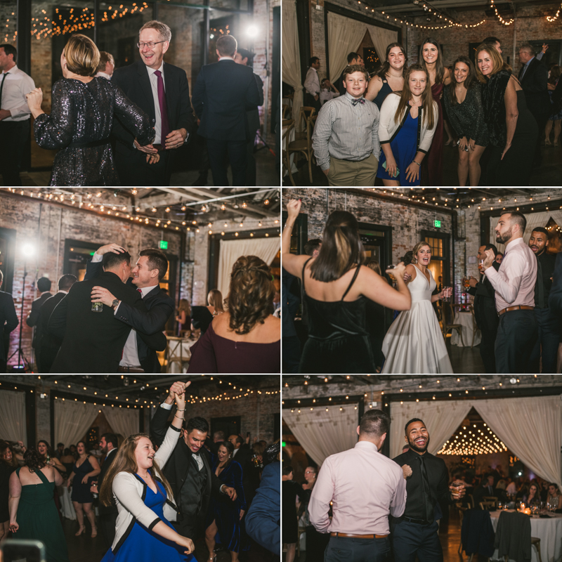 A fun and candid wedding reception at Mt Washington Mill Dye House in Baltimore, Maryland. Captured by Britney Clause Photography