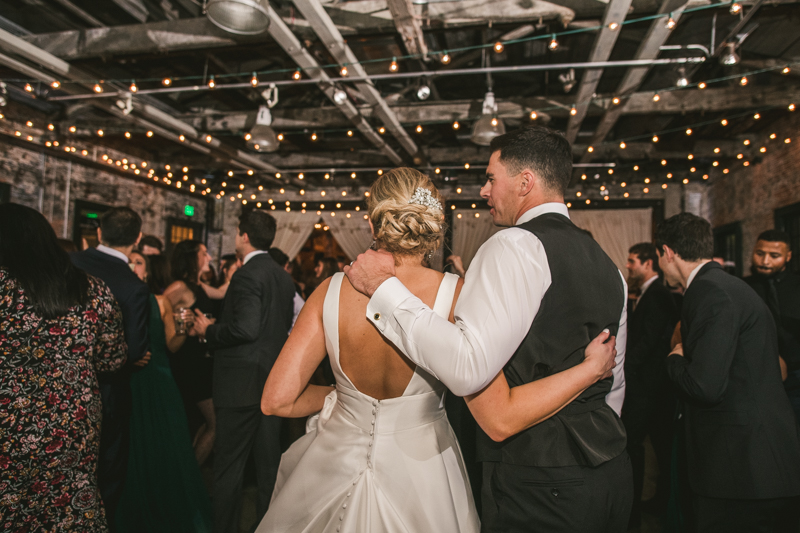 A fun and candid wedding reception at Mt Washington Mill Dye House in Baltimore, Maryland. Captured by Britney Clause Photography