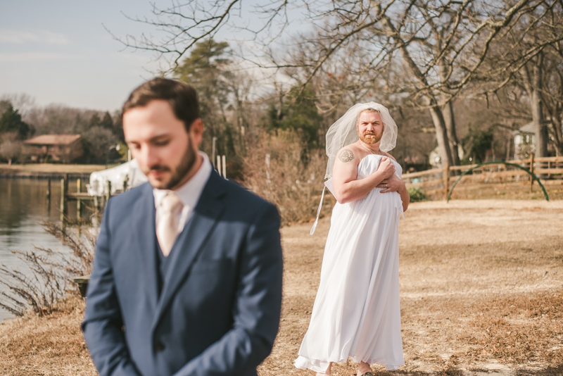 A hilarious first look prank between a groom and his groomsman in Pasadena, Maryland by Britney Clause Photography