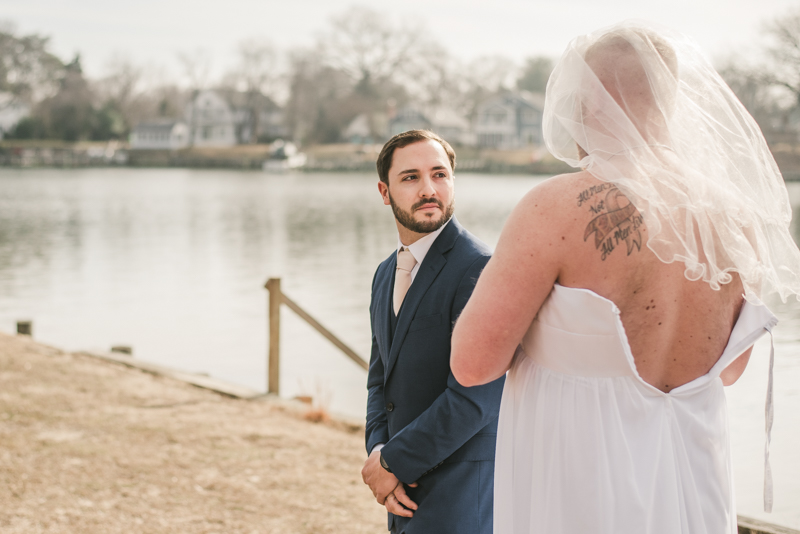 A hilarious first look prank between a groom and his groomsman in Pasadena, Maryland by Britney Clause Photography