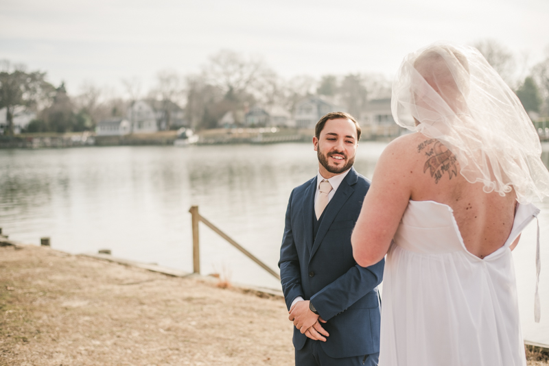 A hilarious first look prank between a groom and his groomsman in Pasadena, Maryland by Britney Clause Photography