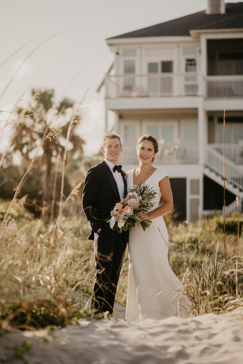 Stunning bride and groom beach wedding portraits in Folly Beach, South Carolina by Britney Clause Photography