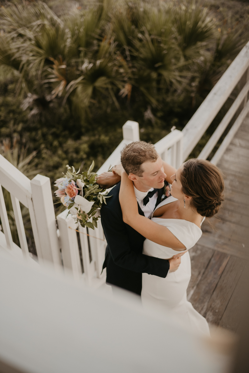 Stunning bride and groom beach wedding portraits in Folly Beach, South Carolina by Britney Clause Photography