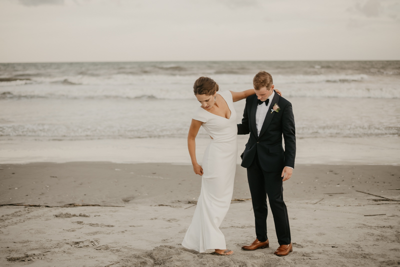 Stunning bride and groom beach wedding portraits in Folly Beach, South Carolina by Britney Clause Photography