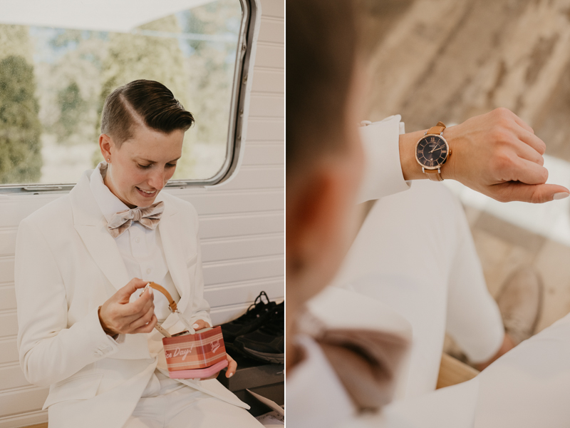 A bride getting ready for her wedding at Kylan Barn in Delmar, Maryland by Britney Clause Photography