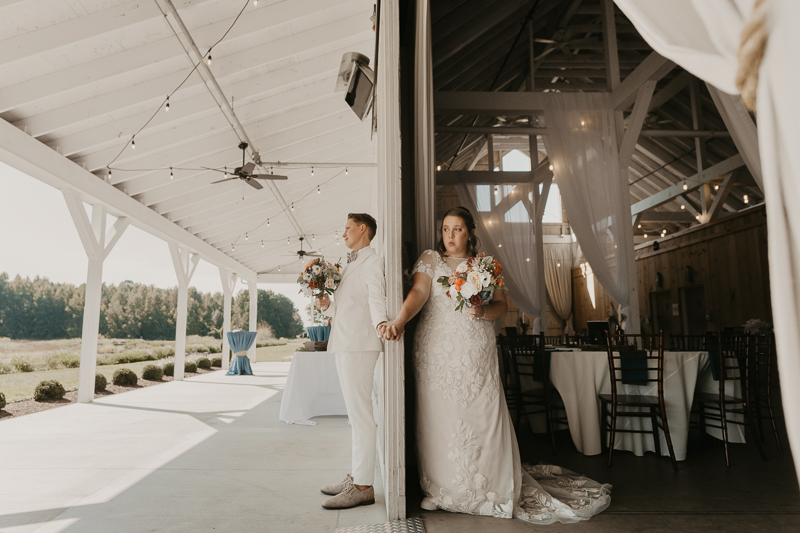 Two brides sharing a first touch at Kylan Barn in Delmar, Maryland by Britney Clause Photography