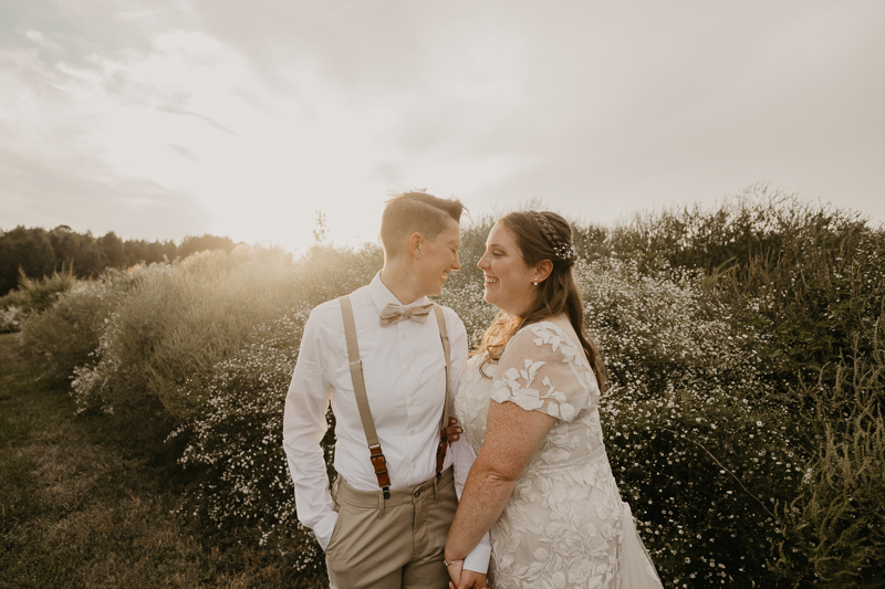 Stunning bride and bride sunset wedding portraits at Kylan Barn in Delmar, Maryland by Britney Clause Photography