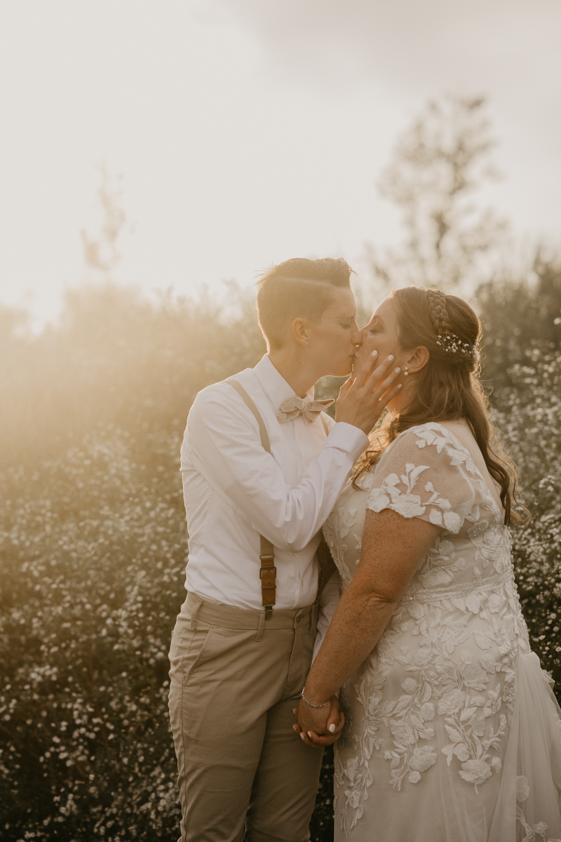 Stunning bride and bride sunset wedding portraits at Kylan Barn in Delmar, Maryland by Britney Clause Photography