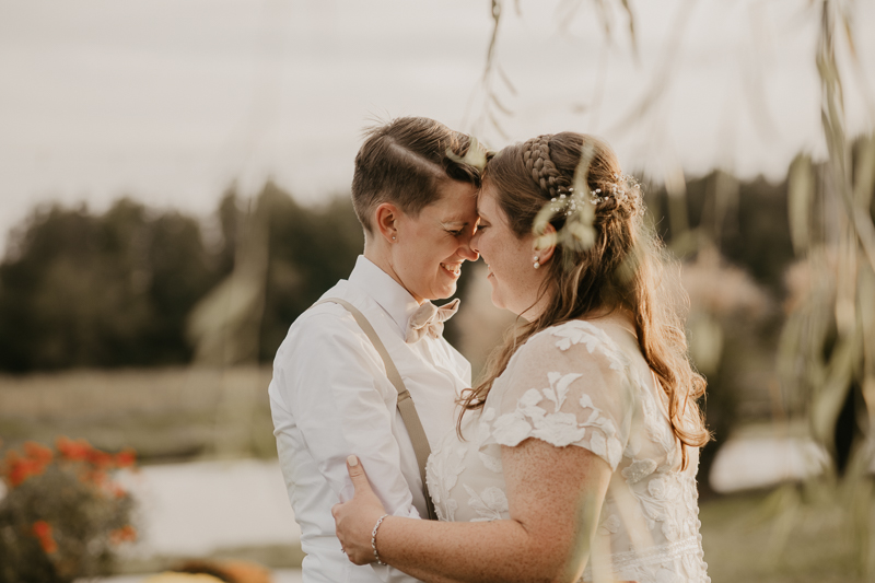 Stunning bride and bride sunset wedding portraits at Kylan Barn in Delmar, Maryland by Britney Clause Photography