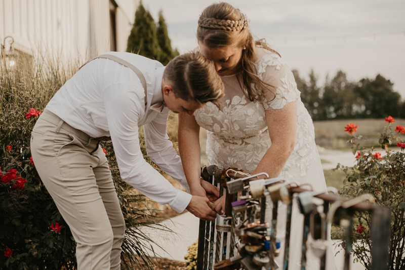 Stunning bride and bride sunset wedding portraits at Kylan Barn in Delmar, Maryland by Britney Clause Photography