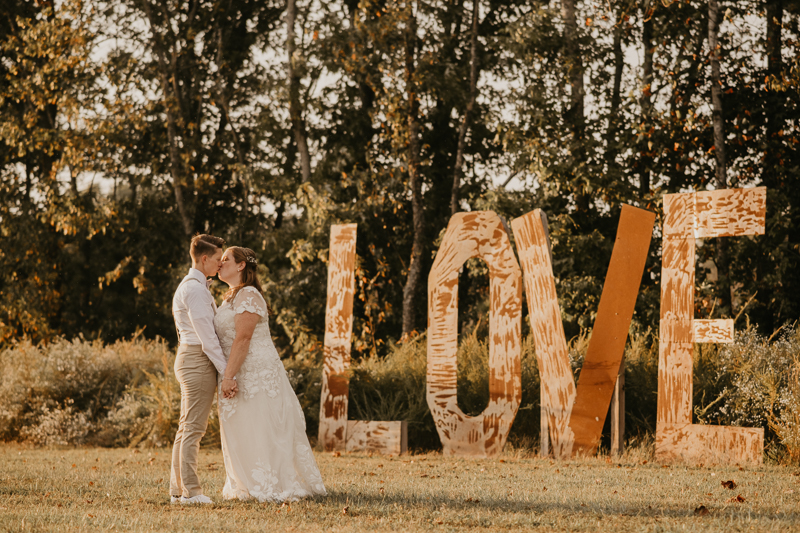 Stunning bride and bride sunset wedding portraits at Kylan Barn in Delmar, Maryland by Britney Clause Photography