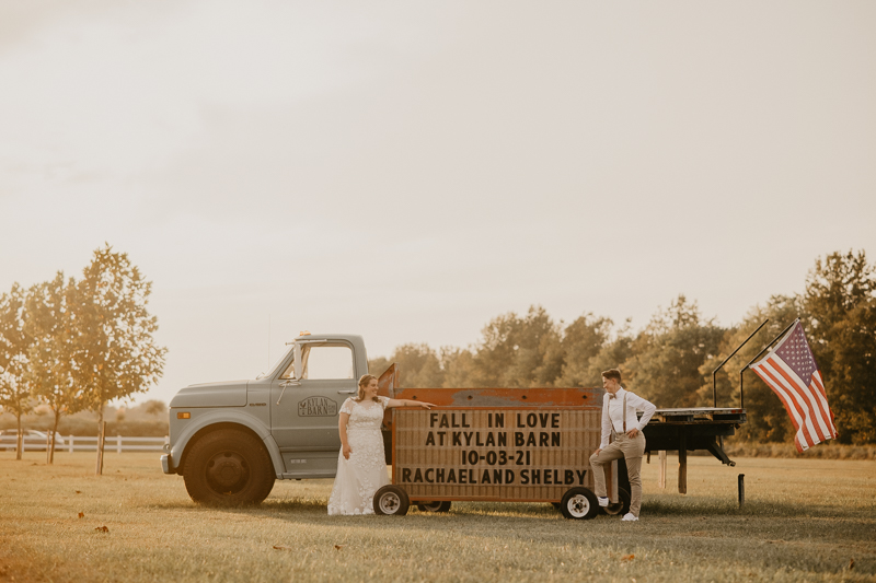 Stunning bride and bride sunset wedding portraits at Kylan Barn in Delmar, Maryland by Britney Clause Photography