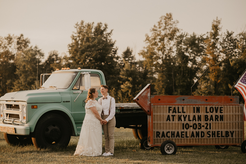 Stunning bride and bride sunset wedding portraits at Kylan Barn in Delmar, Maryland by Britney Clause Photography