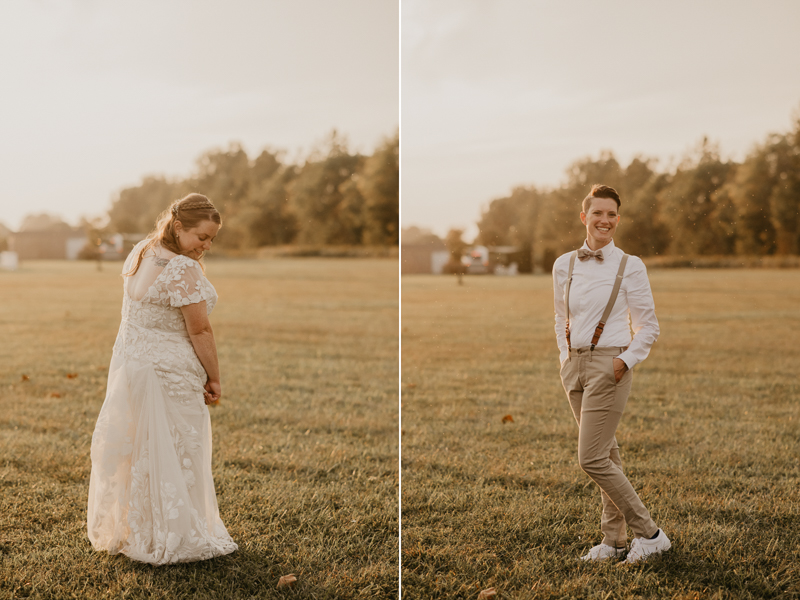 Stunning bride and bride sunset wedding portraits at Kylan Barn in Delmar, Maryland by Britney Clause Photography